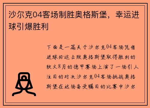 沙尔克04客场制胜奥格斯堡，幸运进球引爆胜利